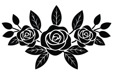 Three black roses with leaves design for crafts and decorations isolated on white