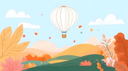Romantic Hot Air Balloon Autumn Landscape Illustration
