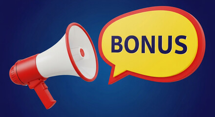 Red megaphone announces yellow bonus speech bubble on dark blue background, symbolizing marketing promotion and advertising opportunity