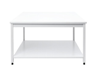 Modern 3d white dining table with wooden chair and stylish metal legs, isolated on white background