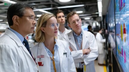Scientific Breakthrough: A team of focused scientists, adorned in pristine lab coats, intently analyze data displayed on advanced screens within a modern laboratory setting. - Powered by Adobe