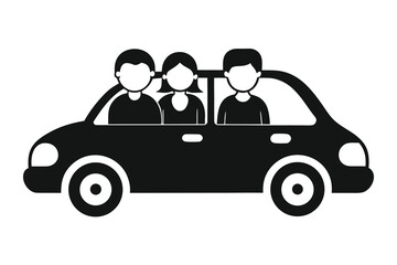 Three People Riding Inside a Black Car, Simple Icon Style Illustration