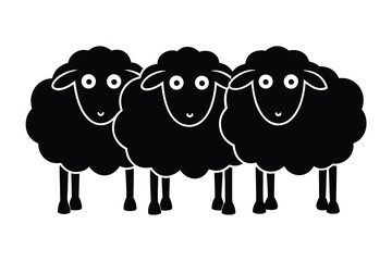 Three Silhouette Sheep Standing Together in a Row on a White Background