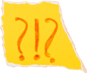 Yellow paper with orange question marks and exclamation marks on torn edge isolated on white...