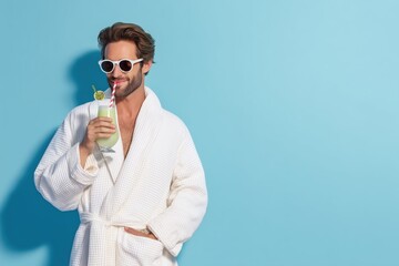 A man in a bathrobe, savoring the moment at the spa with a refreshing drink. on a blue background