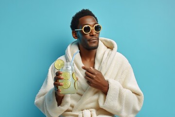 A man in a bathrobe, savoring the moment at the spa with a refreshing drink. on a blue background
