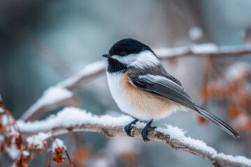 A chickadee perched on a snow covered branch looking left in a winter scene with a blurred background