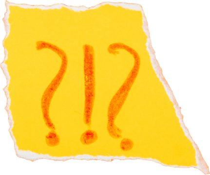 Yellow paper with orange question marks and exclamation marks on torn edge isolated on white background for highlighting important information or seeking attention