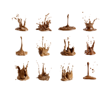 Dynamic chocolate splash action sequence high-resolution imagery creative isolated on transparent background, png