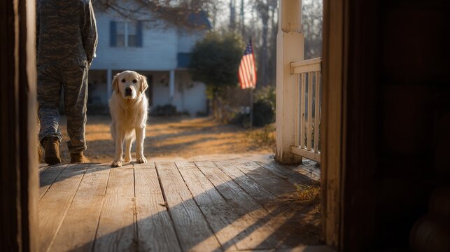 Golden Retriever Welcoming Home: A heartwarming scene unfolds as a loyal Golden Retriever eagerly awaits at the porch, its bright eyes fixed on the door, ready to greet a loved one.