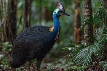 A cassowary stands tall in a lush green forest with its vibrant blue neck and unique head structure