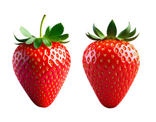 Single juicy red strawberry with a green leaf isolated on a white background