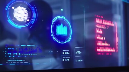 Futuristic Data Visualization Display Showing Charts Clock and Graphs with Digital Interface - Powered by Adobe
