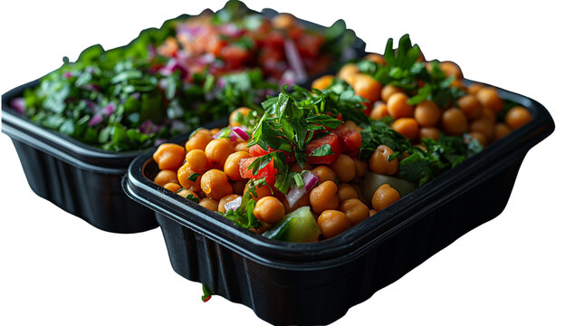  Realistic close-up of colorful healthy meal prep with chickpeas and greens in takeout containers. Transparent PNG..  Ideal for food delivery ads, diet blogs, or meal planning guides