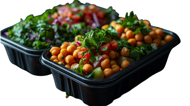  Realistic close-up of colorful healthy meal prep with chickpeas and greens in takeout containers. Transparent PNG..  Ideal for food delivery ads, diet blogs, or meal planning guides