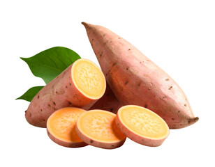 Isolated organic yellow potatoes and sweet potatoes on a white background with a slice of mango