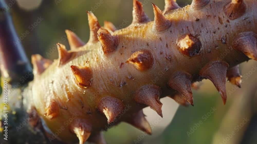 Poster a close-up shot of a tree branch with sharp spikes, suitable for use in nature-inspired designs or a