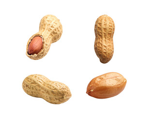 Closeup macro of peanuts in the shell on a white background, a healthy and brown snack nut ingredient