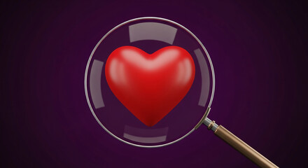 Red heart magnified by glass lens against purple background, symbolizing focus, attention, or Valentine's Day love.  Free space for text