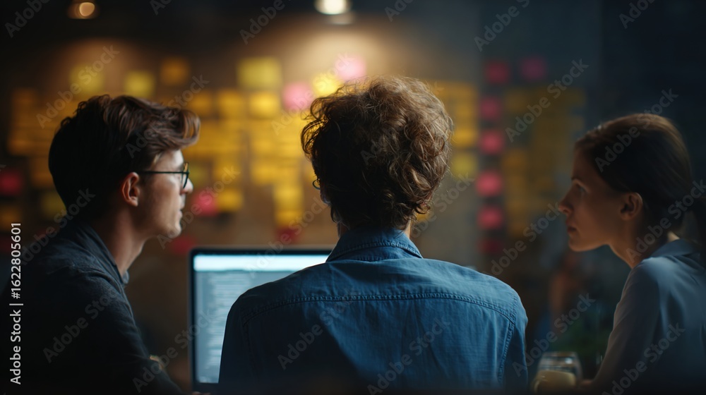Poster team collaboration: a focused team huddled together, intently reviewing data on a screen with their 