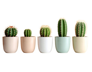 A spiky potted cactus, a small houseplant with sharp thorns, is isolated on a white background