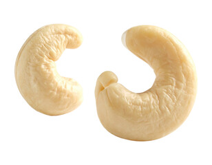 Close-up macro of a group of healthy roasted cashew nuts isolated on a white background