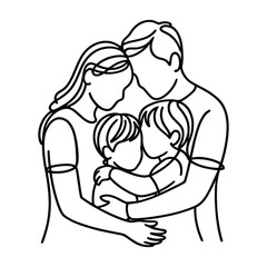 Group hug icon featuring two adults and two children in black outline, symbolizing family, love, emotional bond, and unity.