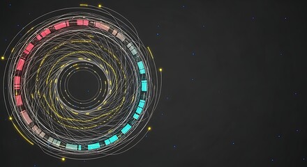 Abstract swirling data visualization; futuristic technology concept; vibrant teal, pink, gold; dark background; digital network illustration.