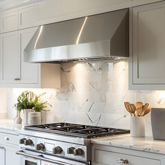 White background promotional photo of a chef-grade LED-lit range hood for upscale kitchen branding. --s 250 --v 6.0