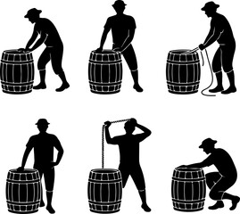 black silhouette vector illustrations of a person interacting with a beer barrel in different poses 