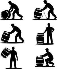 black silhouette vector illustrations of a person interacting with a beer barrel in different poses 
