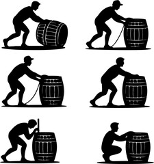 black silhouette vector illustrations of a person interacting with a beer barrel in different poses 