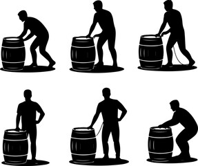 black silhouette vector illustrations of a person interacting with a beer barrel in different poses 