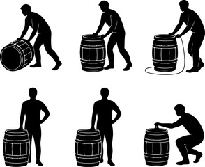 black silhouette vector illustrations of a person interacting with a beer barrel in different poses 