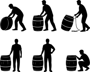 black silhouette vector illustrations of a person interacting with a beer barrel in different poses 