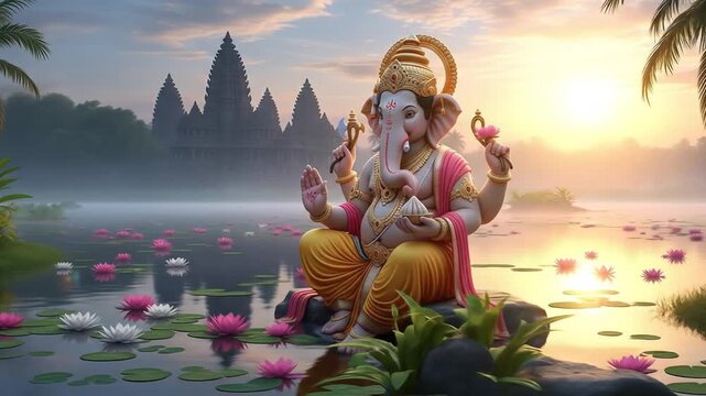 Ganesha by the Lake with Lotus Flowers and Temple