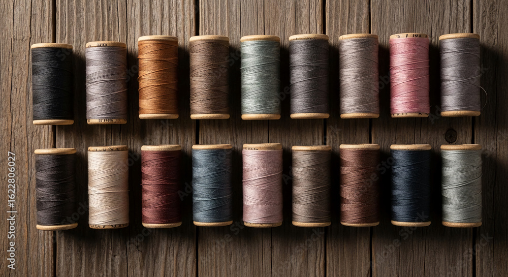 Poster wooden background with neatly arranged spools of thread in various muted colors, showcasing a craft 