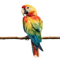 A colorful parrot is perched on a branch