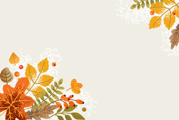 Autumn Leaf Fall cute Background. Frame with leaves, branches and berries pattern. Vector colorful hand drawn illustration with texture 