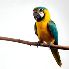 A blue and yellow parrot is perched on a branch