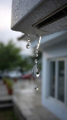 Raindrops dripping from a roof, reflecting nature and the water cycle. An image that evokes freshness, renewal, and the sound of rain.