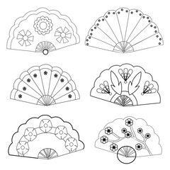 Black and white Coloring Line Art Hand Fans with Floral Patterns 
