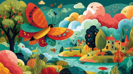 a colorful and imaginative illustration of a serene landscape featuring a large butterfly with vibrant wings flying over a picturesque village. The scene is filled with lush greenery, colorful trees, 