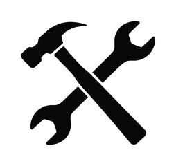Black crossed wrench and hammer silhouette, representing tools, maintenance, construction, and mechanical repair themes in minimal style.