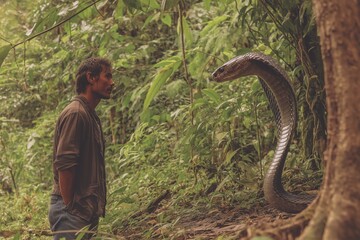 A man meets a cobra in the jungle. They stand and stare at each other.