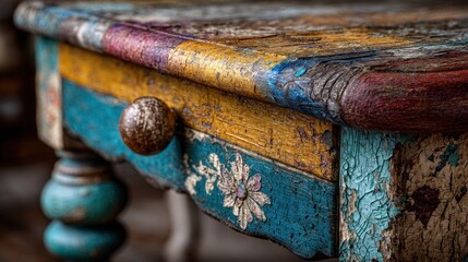 Close-up of vintage furniture showcasing distressed and vibrant multi-layered paint