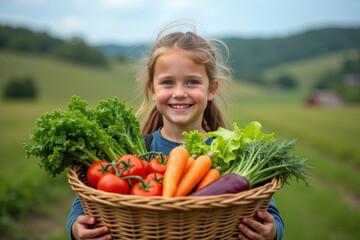 Cute smiling little girl holds basket with vegetables at the farm. Portrait of adorable small kid outdoor. Harvest. AI