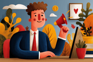 Businessman Announcing with Megaphone at Desk, Autumn Office Environment, Cartoon Illustration