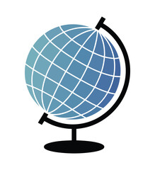 Blue globe icon on black stand with latitude and longitude grid, symbolizing Earth, geography, education, and global awareness.
