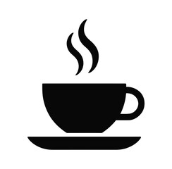 Black coffee cup icon with steam lines rising from saucer, symbolizing hot beverage, café, morning ritual, and refreshment.